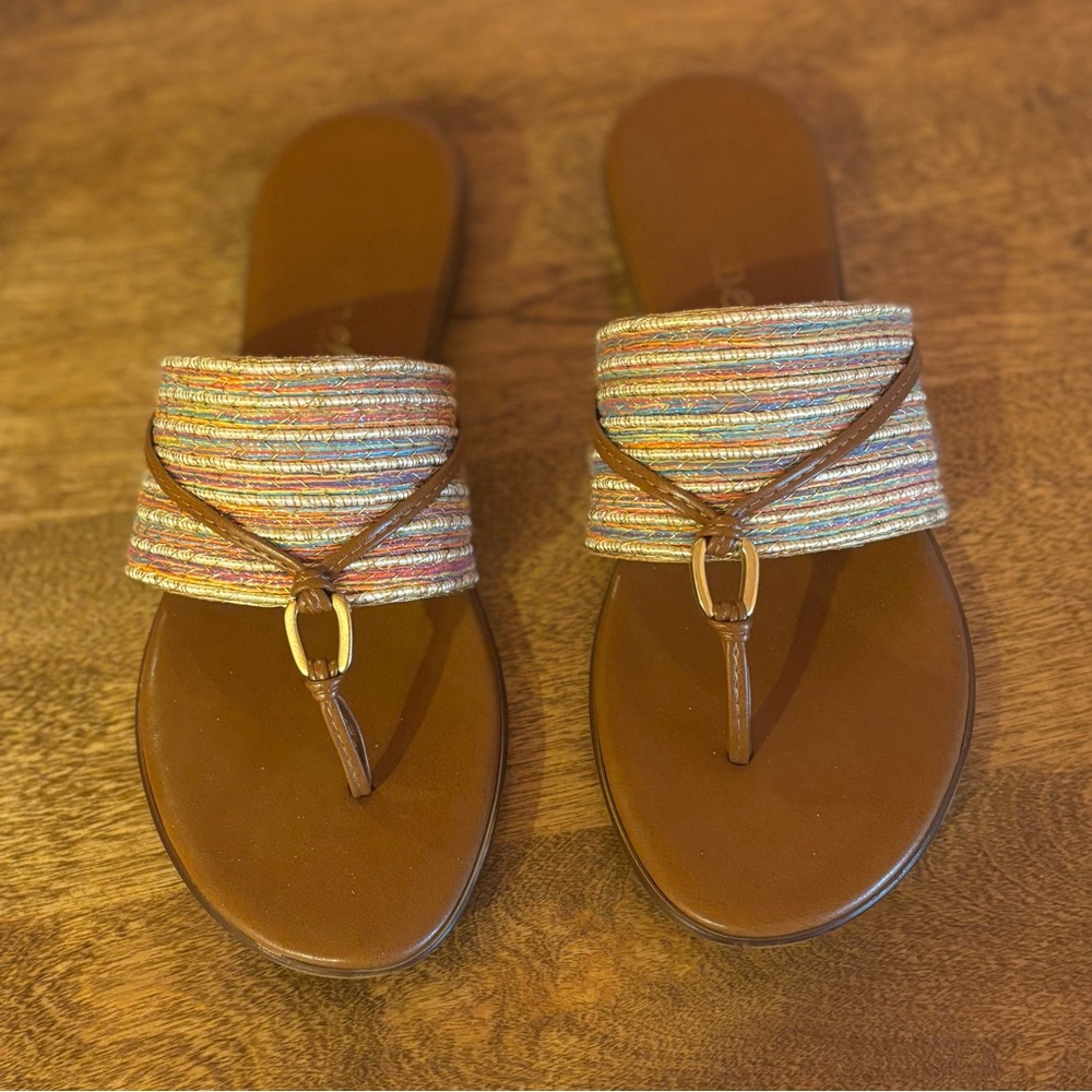 Leather Slide Sandals with Multicolor Striped Band